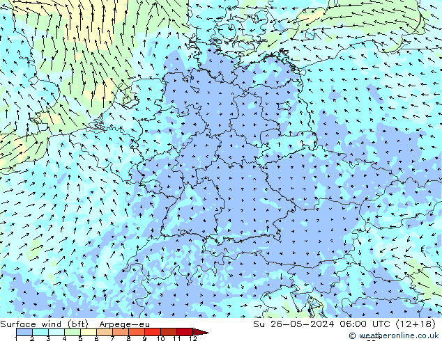 Surface wind (bft) Arpege-eu Su 26.05.2024 06 UTC