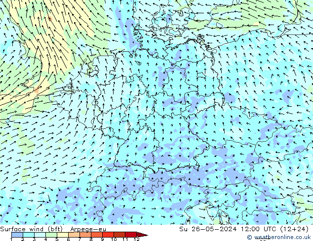 Bodenwind (bft) Arpege-eu So 26.05.2024 12 UTC