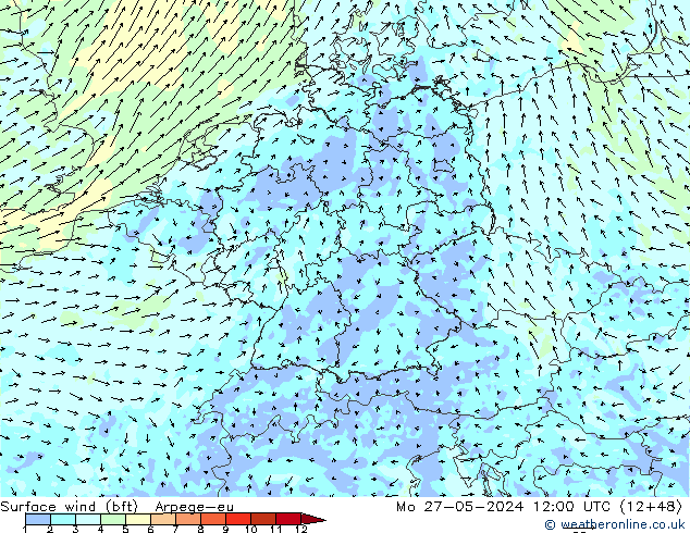 Surface wind (bft) Arpege-eu Po 27.05.2024 12 UTC