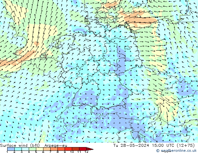 Surface wind (bft) Arpege-eu Tu 28.05.2024 15 UTC