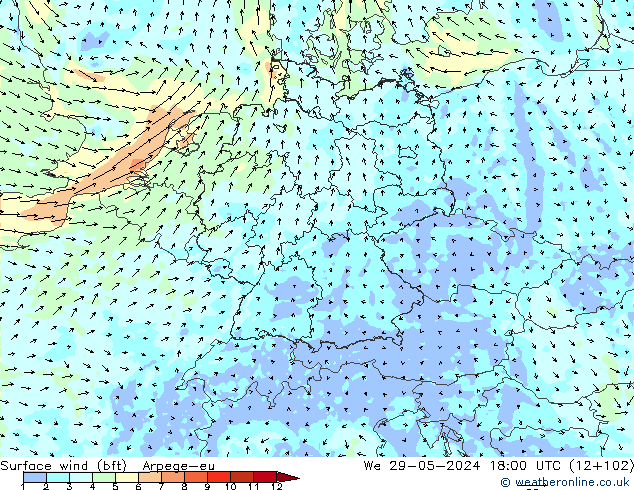 Surface wind (bft) Arpege-eu We 29.05.2024 18 UTC