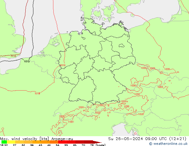 Max. wind snelheid Arpege-eu zo 26.05.2024 09 UTC