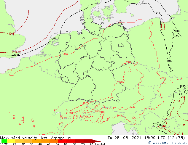 Max. wind velocity Arpege-eu Tu 28.05.2024 18 UTC