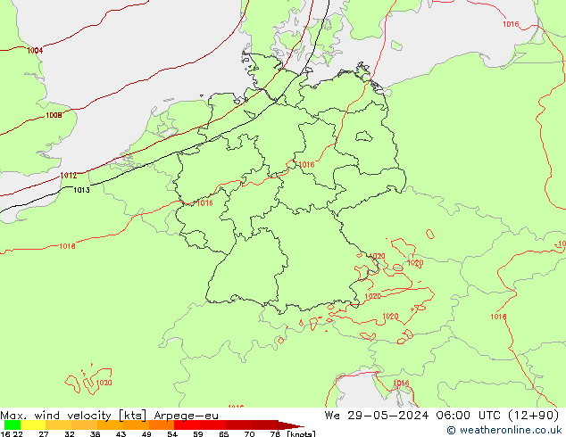 Max. wind velocity Arpege-eu  29.05.2024 06 UTC
