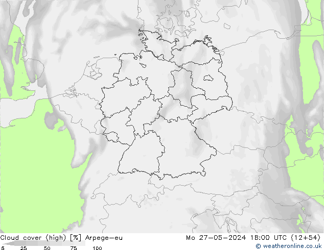 Cloud cover (high) Arpege-eu Mo 27.05.2024 18 UTC