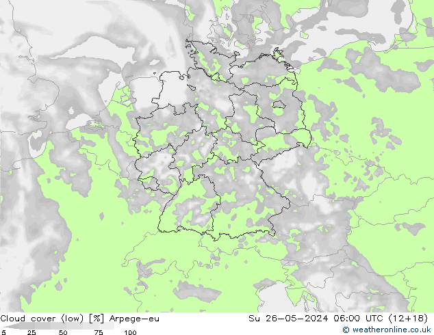 Cloud cover (low) Arpege-eu Su 26.05.2024 06 UTC