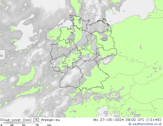 Cloud cover (low) Arpege-eu Mo 27.05.2024 09 UTC