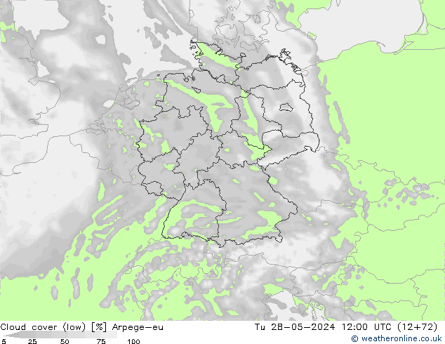 Cloud cover (low) Arpege-eu Tu 28.05.2024 12 UTC