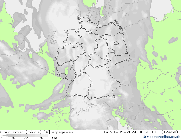 Cloud cover (middle) Arpege-eu Tu 28.05.2024 00 UTC