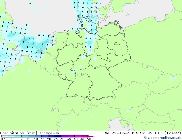 Précipitation Arpege-eu mer 29.05.2024 09 UTC