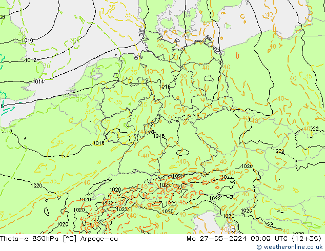 Theta-e 850hPa Arpege-eu lun 27.05.2024 00 UTC