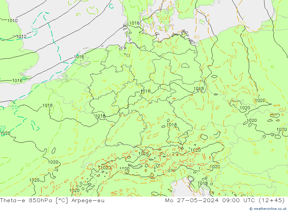 Theta-e 850hPa Arpege-eu lun 27.05.2024 09 UTC