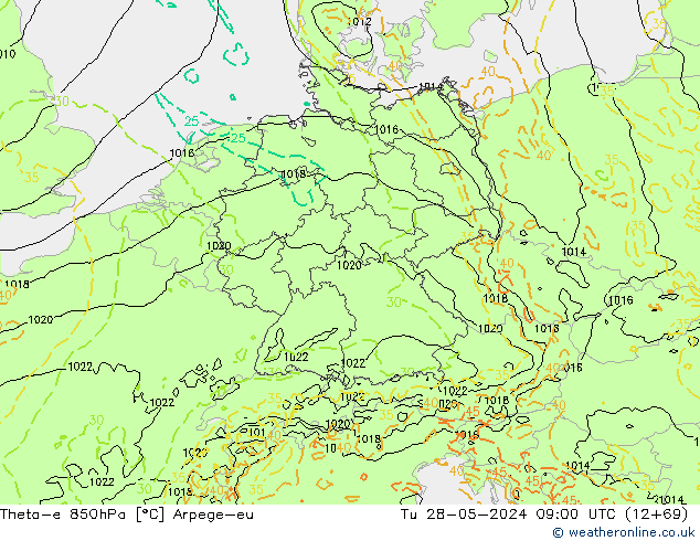 Theta-e 850hPa Arpege-eu Sa 28.05.2024 09 UTC