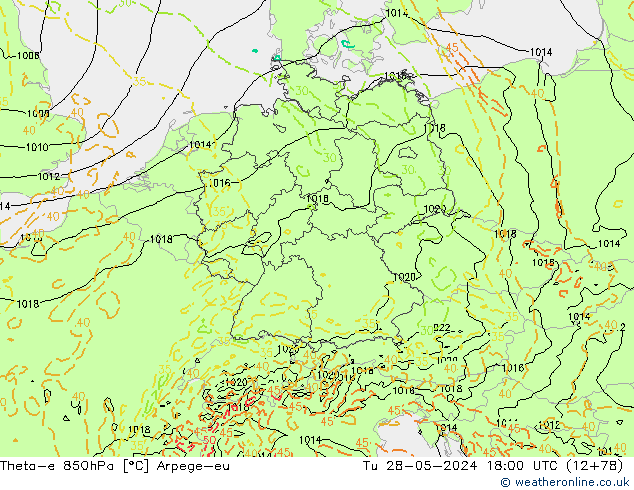 Theta-e 850hPa Arpege-eu mar 28.05.2024 18 UTC