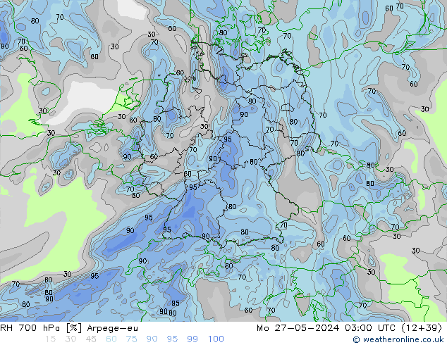 Humedad rel. 700hPa Arpege-eu lun 27.05.2024 03 UTC