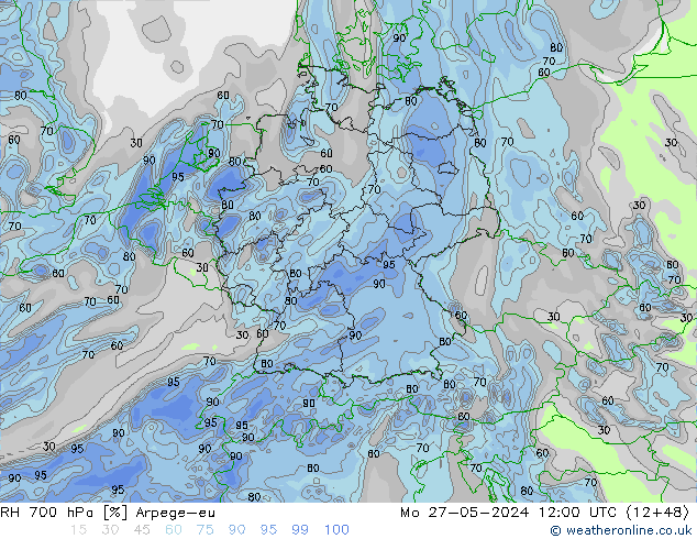 RH 700 hPa Arpege-eu pon. 27.05.2024 12 UTC