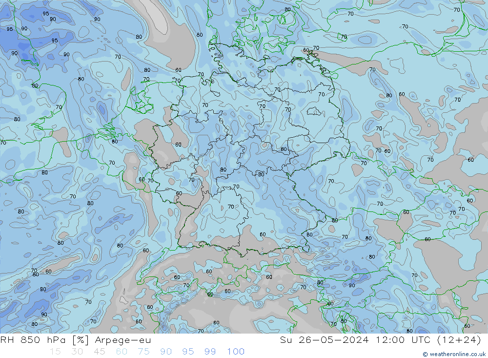 RH 850 hPa Arpege-eu nie. 26.05.2024 12 UTC