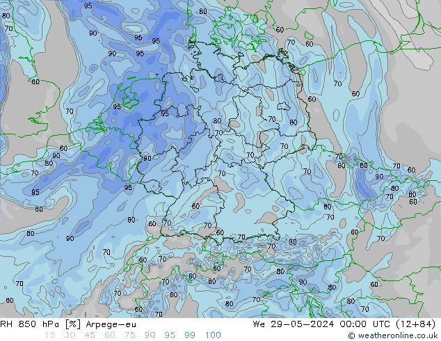 Humidité rel. 850 hPa Arpege-eu mer 29.05.2024 00 UTC