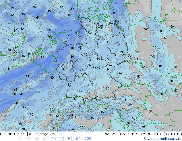 RH 850 hPa Arpege-eu Qua 29.05.2024 18 UTC