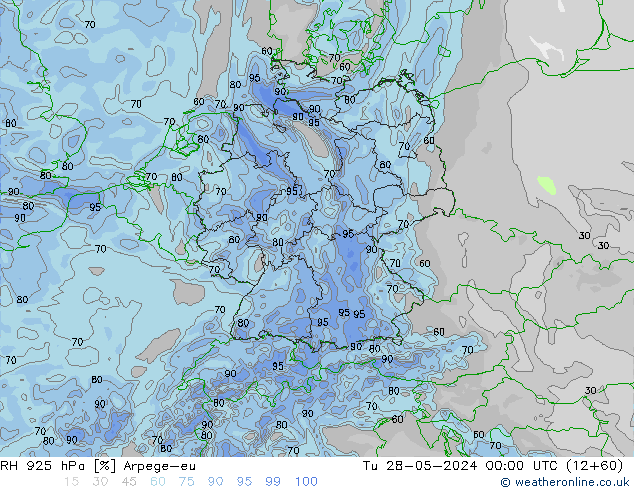 RH 925 гПа Arpege-eu вт 28.05.2024 00 UTC