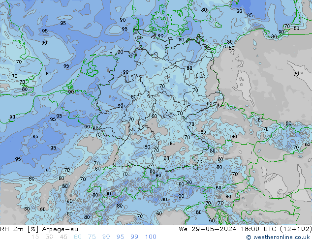 Humidité rel. 2m Arpege-eu mer 29.05.2024 18 UTC