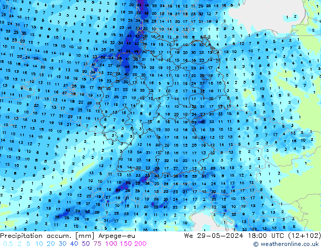 Précipitation accum. Arpege-eu mer 29.05.2024 18 UTC