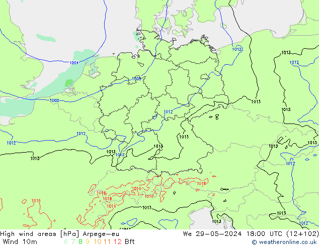 High wind areas Arpege-eu Qua 29.05.2024 18 UTC