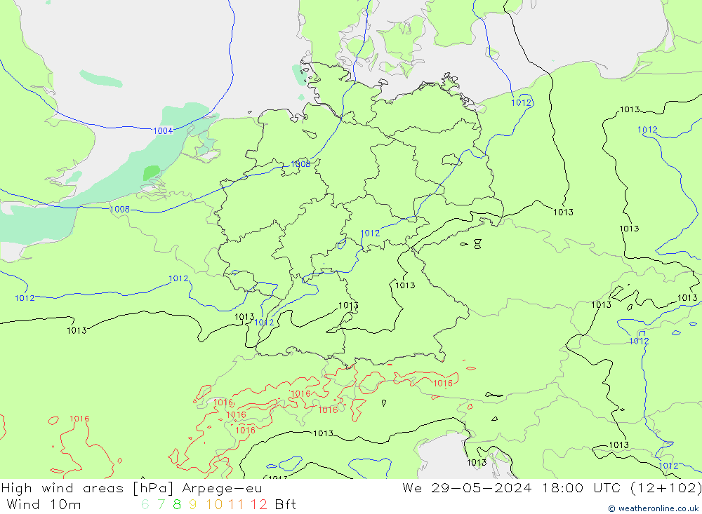 High wind areas Arpege-eu We 29.05.2024 18 UTC