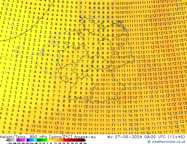 Géop./Temp. 850 hPa Arpege-eu lun 27.05.2024 09 UTC