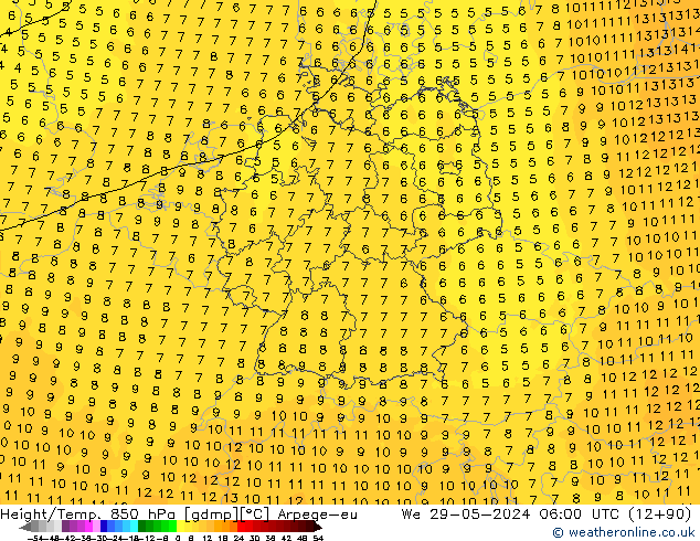 Géop./Temp. 850 hPa Arpege-eu mer 29.05.2024 06 UTC