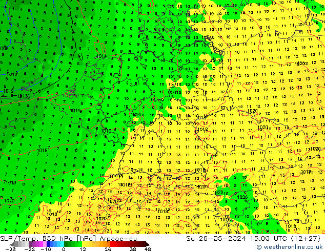 850 hPa Yer Bas./Sıc Arpege-eu Paz 26.05.2024 15 UTC