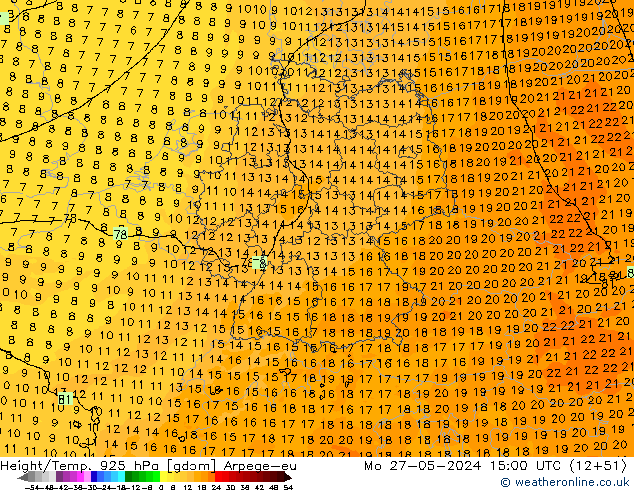 Géop./Temp. 925 hPa Arpege-eu lun 27.05.2024 15 UTC