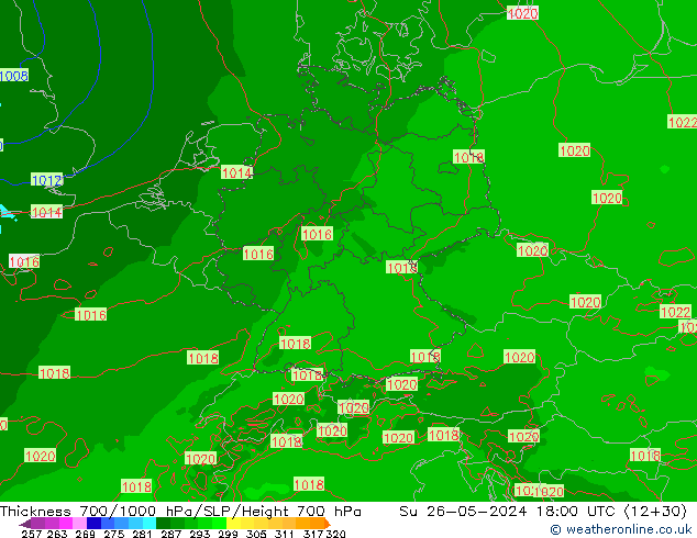 Thck 700-1000 hPa Arpege-eu Su 26.05.2024 18 UTC