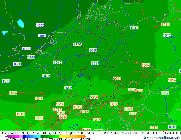 Thck 700-1000 гПа Arpege-eu ср 29.05.2024 18 UTC