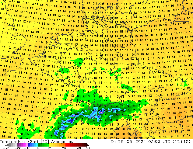 Sıcaklık Haritası (2m) Arpege-eu Paz 26.05.2024 03 UTC