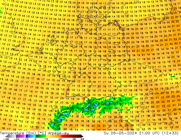 Temperature (2m) Arpege-eu Su 26.05.2024 21 UTC