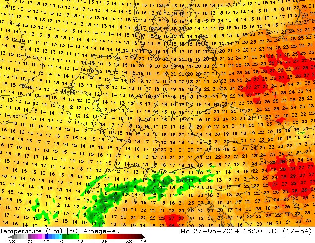 Temperature (2m) Arpege-eu Mo 27.05.2024 18 UTC