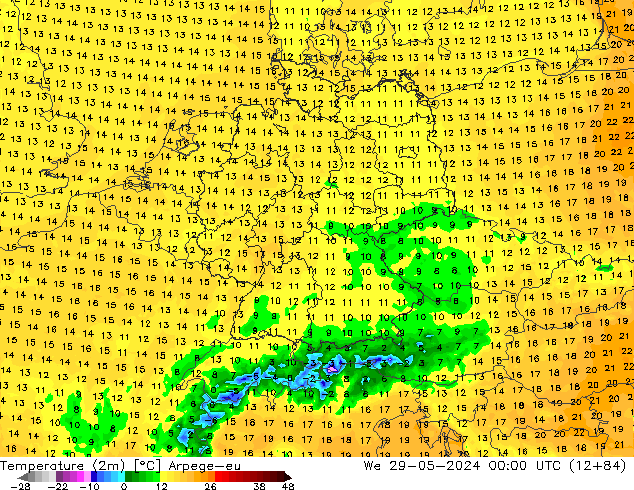 Temperatuurkaart (2m) Arpege-eu wo 29.05.2024 00 UTC