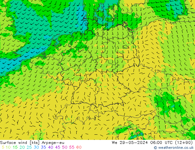 Vento 10 m Arpege-eu mer 29.05.2024 06 UTC