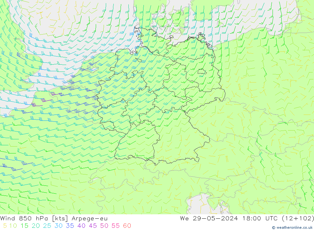 wiatr 850 hPa Arpege-eu śro. 29.05.2024 18 UTC