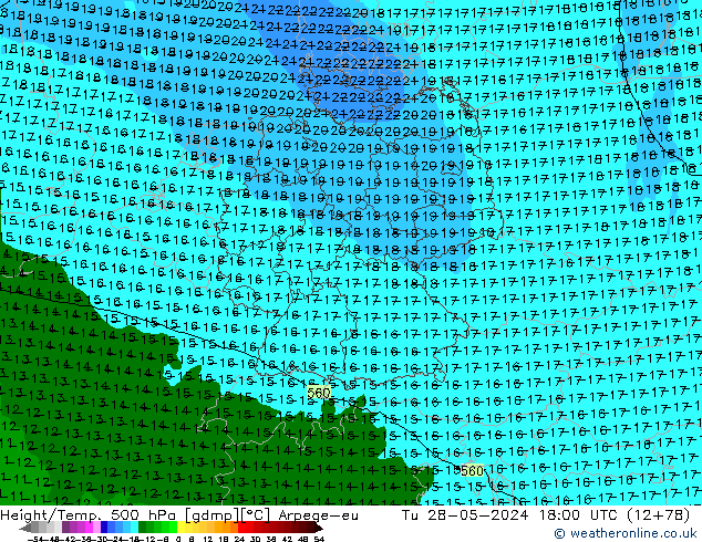 Height/Temp. 500 hPa Arpege-eu Út 28.05.2024 18 UTC