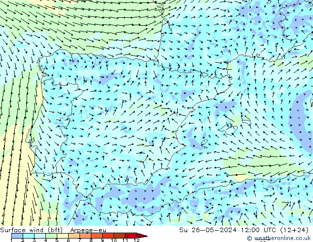 Surface wind (bft) Arpege-eu Su 26.05.2024 12 UTC