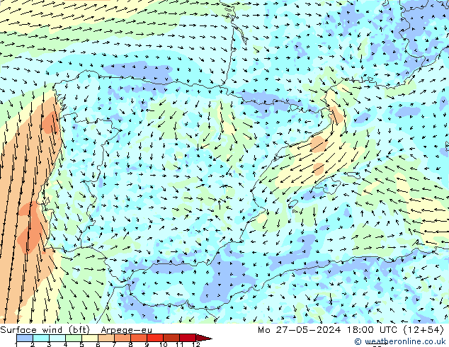 Surface wind (bft) Arpege-eu Mo 27.05.2024 18 UTC