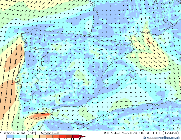 Vento 10 m (bft) Arpege-eu mer 29.05.2024 00 UTC