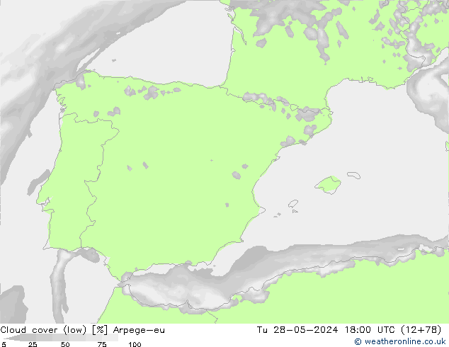 Cloud cover (low) Arpege-eu Tu 28.05.2024 18 UTC