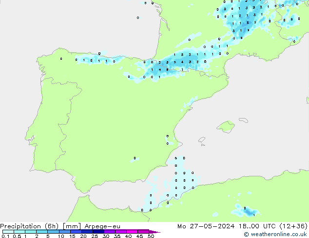 Précipitation (6h) Arpege-eu lun 27.05.2024 00 UTC