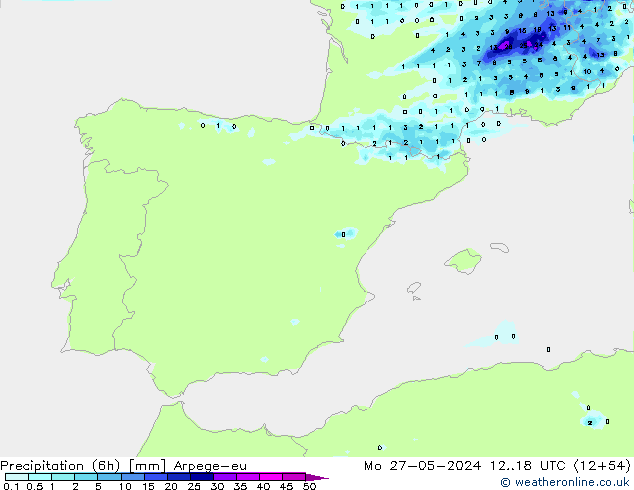 Precipitation (6h) Arpege-eu Mo 27.05.2024 18 UTC