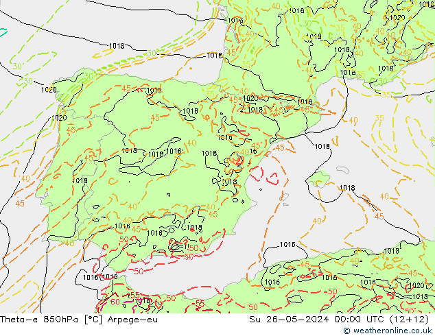 Theta-e 850hPa Arpege-eu Su 26.05.2024 00 UTC