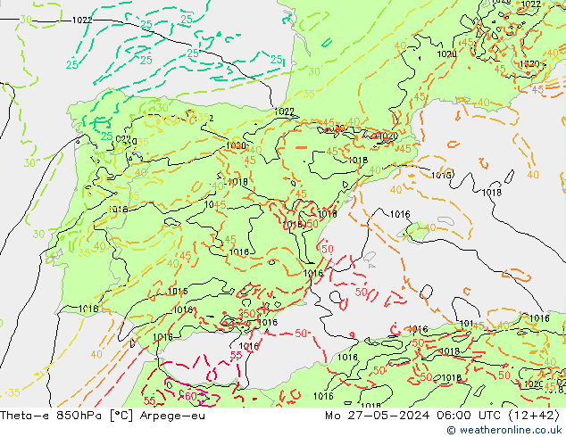 Theta-e 850hPa Arpege-eu Mo 27.05.2024 06 UTC