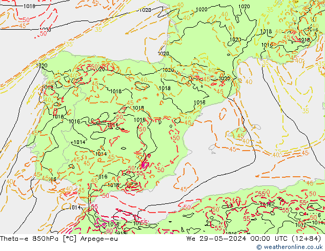 Theta-e 850hPa Arpege-eu wo 29.05.2024 00 UTC